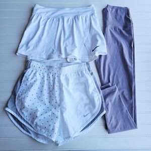 Nike 3pc White/ Lavender Purple Nike Athletic Set Shorts, Leggings, Skort SMALL
